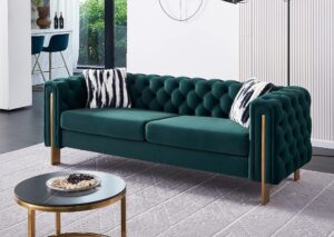 kakotito tufted sofa couch, 84 inches long upholstered sofa with 2 pillows,high arm and strong metal legs, couches for living room, office, and bedroom (button tufted, green)