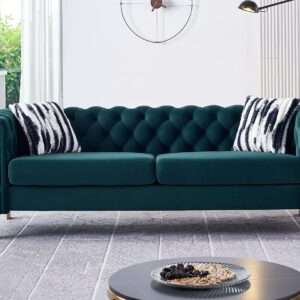 Kakotito Tufted Sofa Couch, 84 Inches Long Upholstered Sofa with 2 Pillows,High Arm and Strong Metal Legs, Couches for Living Room, Office, and Bedroom (Button Tufted, Green)