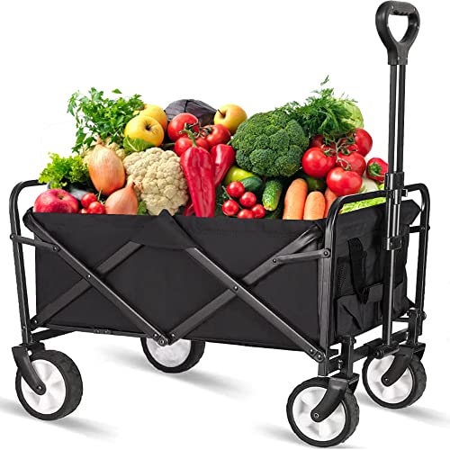 Collapsible Foldable Wagon, Beach Cart Large Capacity, Heavy Duty Folding Wagon Portable, Collapsible Wagon for Sports, Shopping, Camping (Black, 1 Year Warrant)