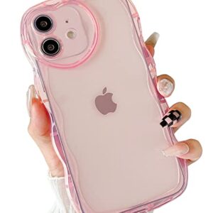 Qokey for iPhone 11 Case (2019 6.1"),Cute Clear Love Case,with Love-Heart Camera Frame Wavy Edge Transparent Full Protective Soft TPU Shockproof Phone Cases Cover for Women Girls Pink