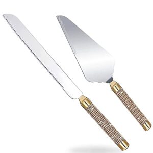 roxburgh wedding cake knife and server set, 420 stainless steel cake cutter and pie server slicer, rhinestones studded handle cake cutting set for wedding gifts, engagement gifts for bride and groom