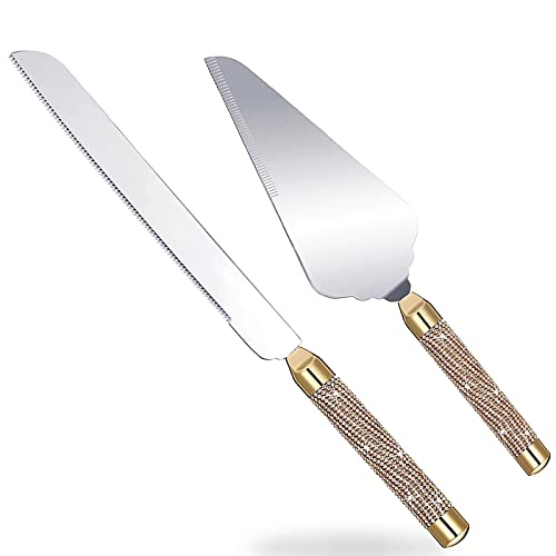 ROXBURGH Wedding Cake Knife and Server Set, 420 Stainless Steel Cake Cutter and Pie Server Slicer, Rhinestones Studded Handle Cake Cutting Set for Wedding Gifts, Engagement Gifts for Bride and Groom