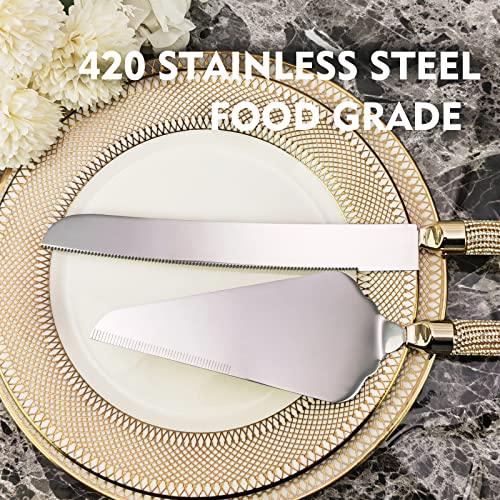 ROXBURGH Wedding Cake Knife and Server Set, 420 Stainless Steel Cake Cutter and Pie Server Slicer, Rhinestones Studded Handle Cake Cutting Set for Wedding Gifts, Engagement Gifts for Bride and Groom