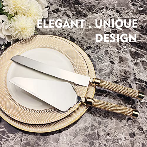 ROXBURGH Wedding Cake Knife and Server Set, 420 Stainless Steel Cake Cutter and Pie Server Slicer, Rhinestones Studded Handle Cake Cutting Set for Wedding Gifts, Engagement Gifts for Bride and Groom