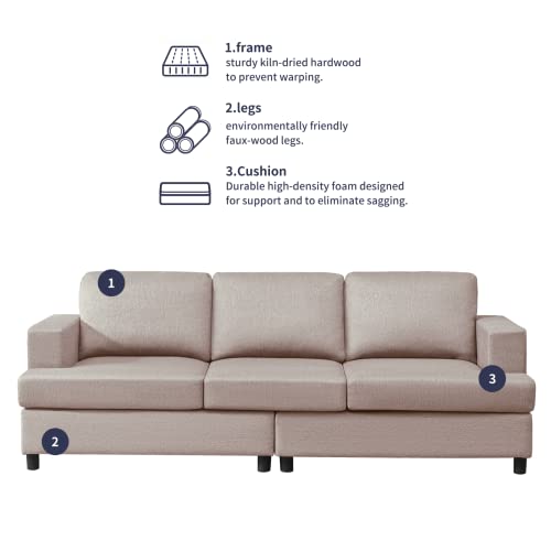 ZAFLY Modern Linen Sofa Couch with Armrest Upholstered 3-Seat Sofa Couch for Living Room, Bedroom, Apartment, Dormitory, Office, Loft, 3-Seat (Beige)