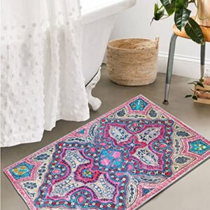 AMZALI Vintage Area Rug - 2x3 Oriental Medallion Distressed Boho Small Entryway Rug Doormat Non-Slip Washable Throw Rug Indoor Floor Carpet for Living Room Bathroom Kitchen Doormat