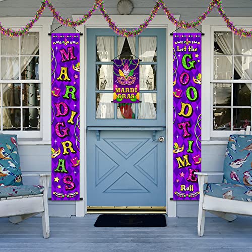 Mardi Gras Decorations, Mardi Gras Hanging Backdrop Banner, New Orleans Themed Party Welcome Porch Sign, 16.4 FT Mardi Gras Glittering Tinsel Garland, Carnival Party Wall Decor for Parade Masquerade