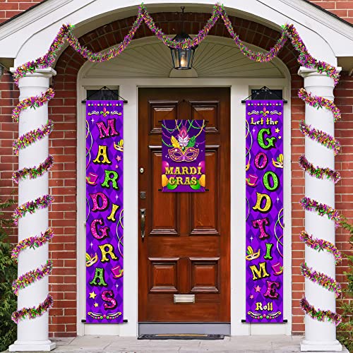 Mardi Gras Decorations, Mardi Gras Hanging Backdrop Banner, New Orleans Themed Party Welcome Porch Sign, 16.4 FT Mardi Gras Glittering Tinsel Garland, Carnival Party Wall Decor for Parade Masquerade