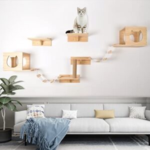 cat wall shelves and perches set, floating cat wood climb furniture, cat wall-mounted playing climber, 2 cat houses & 4 cat shelves & 2 ladders & 1 cat scratching post