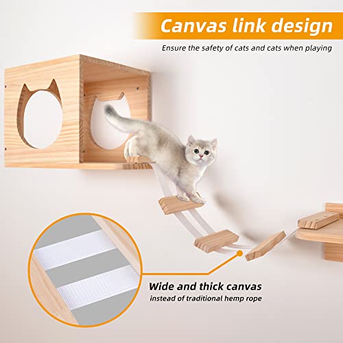 Cat Wall Shelves and Perches Set, Floating Cat Wood Climb Furniture, Cat Wall-Mounted Playing Climber, 2 Cat Houses & 4 Cat Shelves & 2 Ladders & 1 Cat Scratching Post