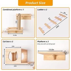 Cat Wall Shelves and Perches Set, Floating Cat Wood Climb Furniture, Cat Wall-Mounted Playing Climber, 2 Cat Houses & 4 Cat Shelves & 2 Ladders & 1 Cat Scratching Post