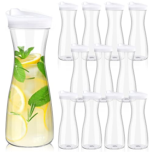 12 Pieces Water Carafes with Lid 20 oz Plastic Juice Container Pitcher Clear Narrow Neck Drink Carafes Mimosa Bar Beverage Pitcher for Outdoors Beach Picnic Parties Tea Milk Lemonade Wine