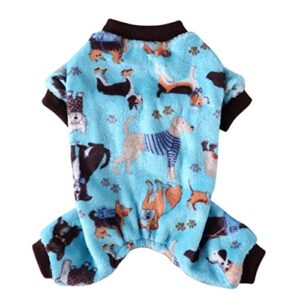 ornaous fleece small dog cat pajamas shirt，cute blue pet onesie pajamas puppy footie jumpsuit warm clothes（l size）