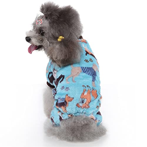 Ornaous Fleece Small Dog Cat Pajamas Shirt，Cute Blue Pet Onesie Pajamas Puppy Footie Jumpsuit Warm Clothes（L Size）