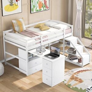 low loft bed with storage staircase, wooden twin size loft bed with 5 drawers and movable built-in desk in one bed wood for kids teens boys and girls