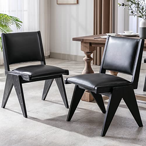 Mid-Century Modern Dining Chairs Set of 2 with PU Leather Upholstered, Country Farmhouse French Wooden Side Chairs, Black