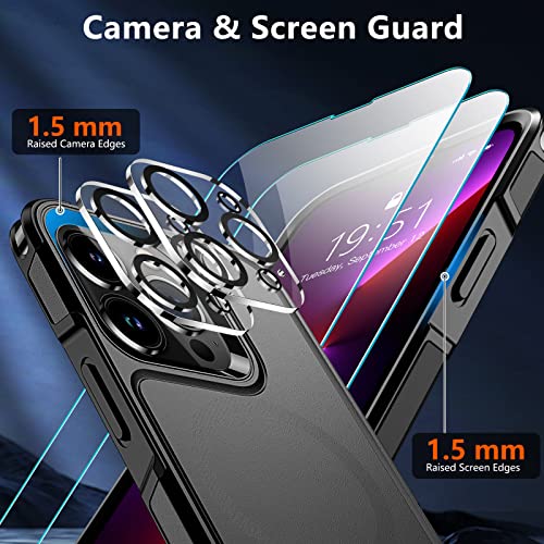 SUPFINE Magnetic for iPhone 13 Pro Max Case [Compatible with MagSafe] [10 FT Military Grade Drop Protection] 2X [ Tempered Glass Screen Protector+Camera Lens Protector] Non-Slip Phone Case, Black