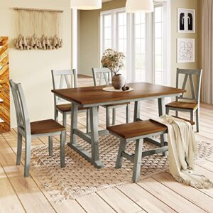 6 piece kitchen dining table set, wooden rectangular table and 4 dining chairs and 1 bench family furniture for 6 persons, farmhouse style (walnut+gray)