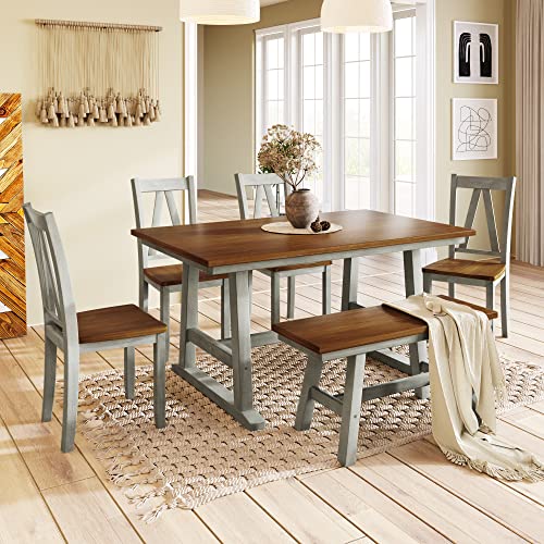 6 Piece Kitchen Dining Table Set, Wooden Rectangular Table and 4 Dining Chairs and 1 Bench Family Furniture for 6 Persons, Farmhouse Style (Walnut+Gray)