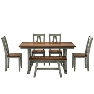 6 Piece Kitchen Dining Table Set, Wooden Rectangular Table and 4 Dining Chairs and 1 Bench Family Furniture for 6 Persons, Farmhouse Style (Walnut+Gray)