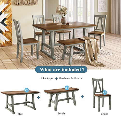 6 Piece Kitchen Dining Table Set, Wooden Rectangular Table and 4 Dining Chairs and 1 Bench Family Furniture for 6 Persons, Farmhouse Style (Walnut+Gray)