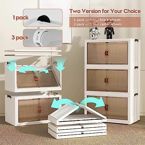 Storage Bins with Lids,Stackable Cabinet Organizer with Caster Wheels,Collapsible Toy Storage with Double Door,12Gal Foldable Plastic folding storage boxes set 3 for Home