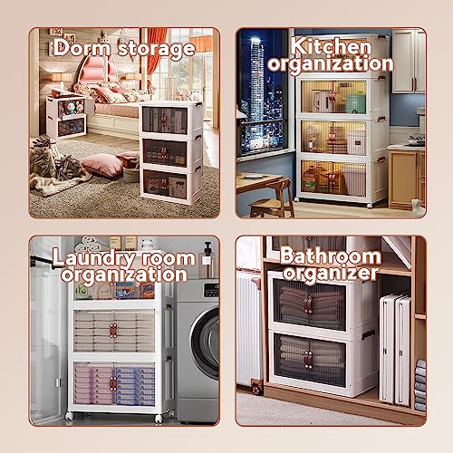 Storage Bins with Lids,Stackable Cabinet Organizer with Caster Wheels,Collapsible Toy Storage with Double Door,12Gal Foldable Plastic folding storage boxes set 3 for Home