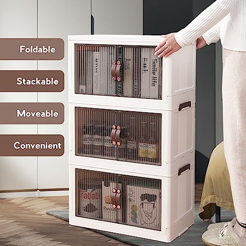 Storage Bins with Lids,Stackable Cabinet Organizer with Caster Wheels,Collapsible Toy Storage with Double Door,12Gal Foldable Plastic folding storage boxes set 3 for Home