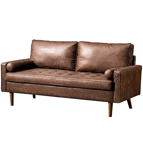 ovios Mid-Century Modern Loveseat, 70" Rivet Tufted Sofa Couch with Armrests and Comfy Cushion for Living Room, Apartment and Small Space, Suede Fabric, Dark Brown