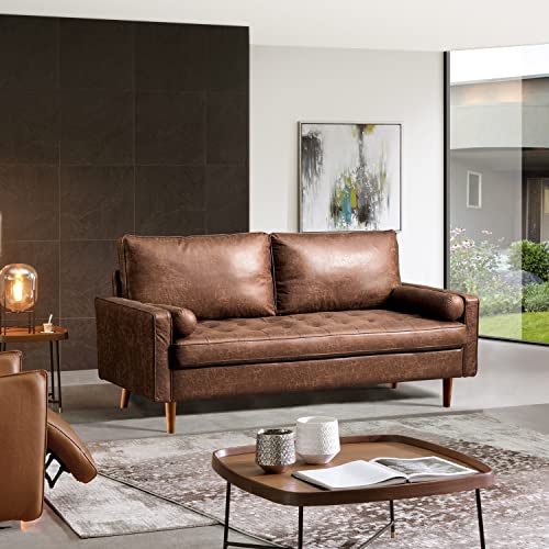 ovios Mid-Century Modern Loveseat, 70" Rivet Tufted Sofa Couch with Armrests and Comfy Cushion for Living Room, Apartment and Small Space, Suede Fabric, Dark Brown