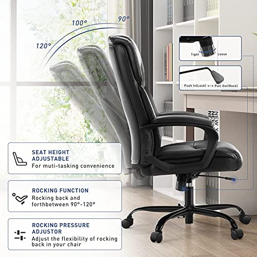 OLIXIS Executive High Back Home Office Desk Soft Armrest Padded, Height Adjustable Ergonomic Computer Lumbar Support Bonded Leather Chair, Black