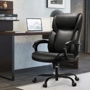 OLIXIS Executive High Back Home Office Desk Soft Armrest Padded, Height Adjustable Ergonomic Computer Lumbar Support Bonded Leather Chair, Black