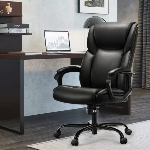 OLIXIS Executive High Back Home Office Desk Soft Armrest Padded, Height Adjustable Ergonomic Computer Lumbar Support Bonded Leather Chair, Black