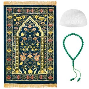 boyiee muslim prayer rug padded islamic turkish velvet prayer mats portable green moon star prayer beads and white knit prayer hat ramadan gifts eid gifts for praying men, women, and kids