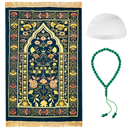 Boyiee Muslim Prayer Rug Padded Islamic Turkish Velvet Prayer Mats Portable Green Moon Star Prayer Beads and White Knit Prayer Hat Ramadan Gifts Eid Gifts for Praying Men, Women, and Kids