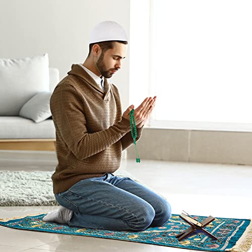 Boyiee Muslim Prayer Rug Padded Islamic Turkish Velvet Prayer Mats Portable Green Moon Star Prayer Beads and White Knit Prayer Hat Ramadan Gifts Eid Gifts for Praying Men, Women, and Kids