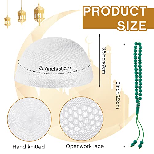 Boyiee Muslim Prayer Rug Padded Islamic Turkish Velvet Prayer Mats Portable Green Moon Star Prayer Beads and White Knit Prayer Hat Ramadan Gifts Eid Gifts for Praying Men, Women, and Kids