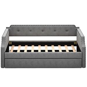 Twin Size Upholstered Daybed with Trundle, Wood Slat Support,Upholstered Frame Sofa Bed,Gray