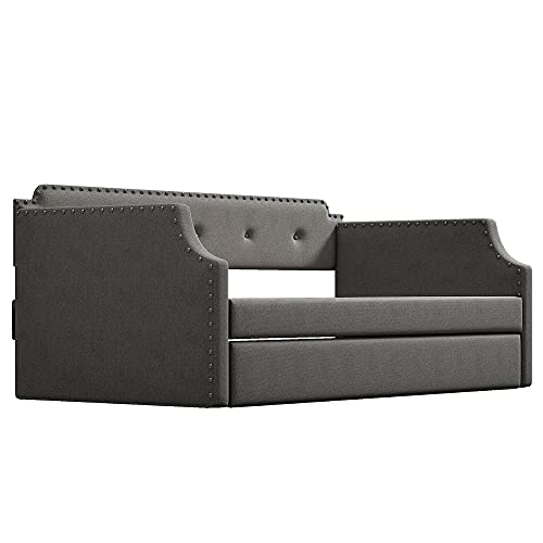 Twin Size Upholstered Daybed with Trundle, Wood Slat Support,Upholstered Frame Sofa Bed,Gray