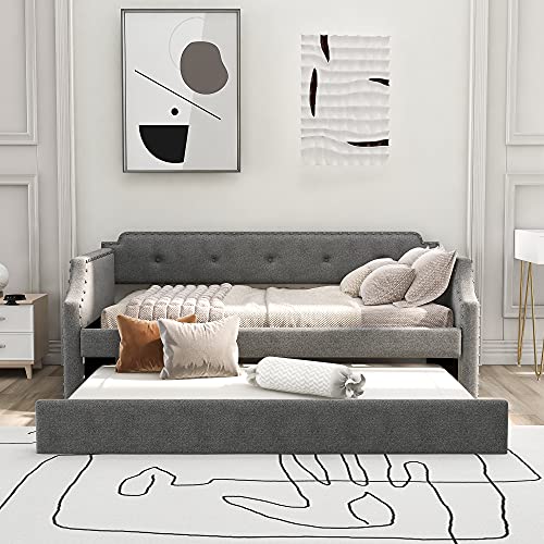 Twin Size Upholstered Daybed with Trundle, Wood Slat Support,Upholstered Frame Sofa Bed,Gray