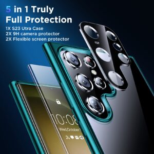 Humixx Ultra Clear for Samsung Galaxy S23 Ultra Case, [Never Yellow] [Mil-Grade Shockproof Protection] 2X Flexible Screen Protector + 2X Camera Protector Soft Slim Protective Case 6.8”- Midnight Green
