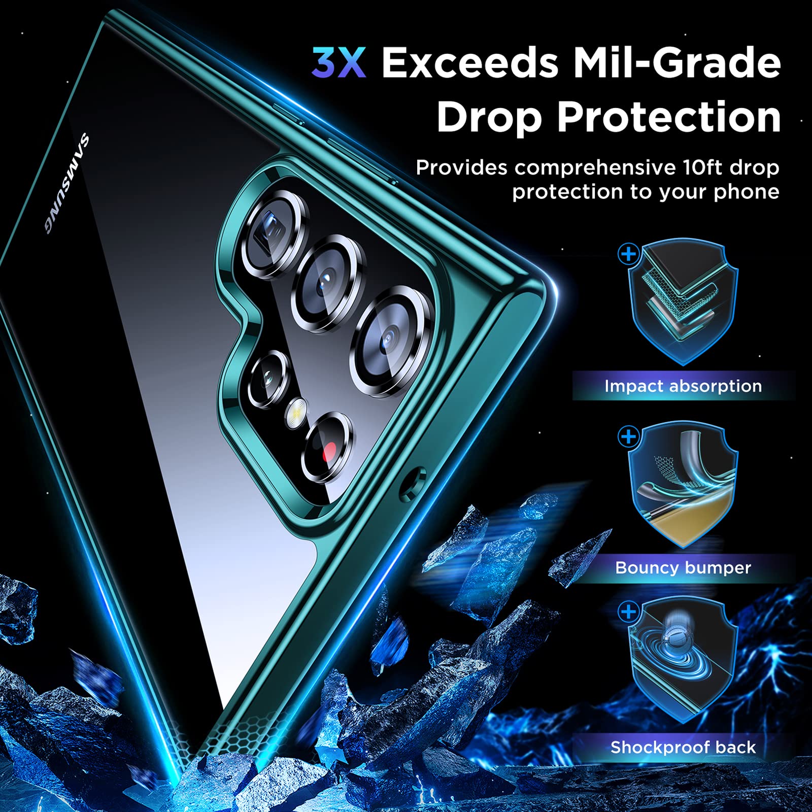 Humixx Ultra Clear for Samsung Galaxy S23 Ultra Case, [Never Yellow] [Mil-Grade Shockproof Protection] 2X Flexible Screen Protector + 2X Camera Protector Soft Slim Protective Case 6.8”- Midnight Green