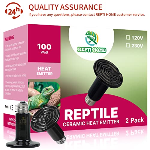 REPTI HOME 100W Ceramic Heat Emitter (2 Pack), Reptile Heat Lamp Bulbs, Ceramic Heater for Amphibian, Pet Brooder Coop, Chicken, Dog, Cat