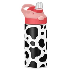 black & white cow print kids water bottle with straw lid, vacuum insulated stainless steel double walled leakproof tumbler travel cup for girls boys toddlers, 12 oz