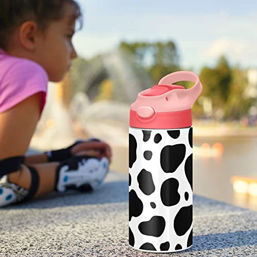 Black & White Cow Print Kids Water Bottle with Straw Lid, Vacuum Insulated Stainless Steel Double Walled Leakproof Tumbler Travel Cup for Girls Boys Toddlers, 12 oz