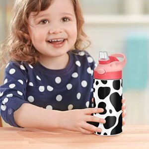 Black & White Cow Print Kids Water Bottle with Straw Lid, Vacuum Insulated Stainless Steel Double Walled Leakproof Tumbler Travel Cup for Girls Boys Toddlers, 12 oz