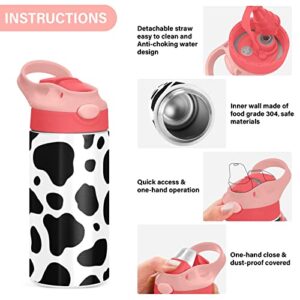 Black & White Cow Print Kids Water Bottle with Straw Lid, Vacuum Insulated Stainless Steel Double Walled Leakproof Tumbler Travel Cup for Girls Boys Toddlers, 12 oz