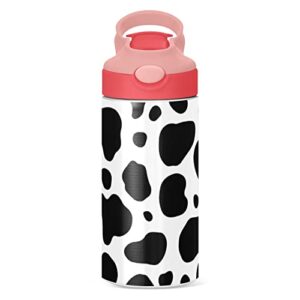 Black & White Cow Print Kids Water Bottle with Straw Lid, Vacuum Insulated Stainless Steel Double Walled Leakproof Tumbler Travel Cup for Girls Boys Toddlers, 12 oz