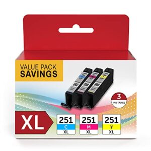 cli-251xl compatible ink cartridge replacement for canon 251 ink cartridges combo pack high yield use to pixma mx922, mg5420, mg5520, mg5522, mg6320, mg6620, mg7520, ip7220 printer (3 pack)