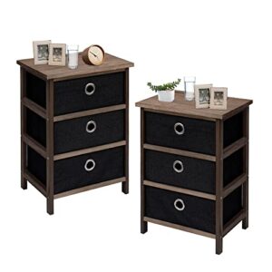 ecomex nightstand set of 2,bedside table with fabric storage drawers and wooden table top,3 drawer bedroom dresser, storage cabinet for home/bedroom,2pcs (black brown)